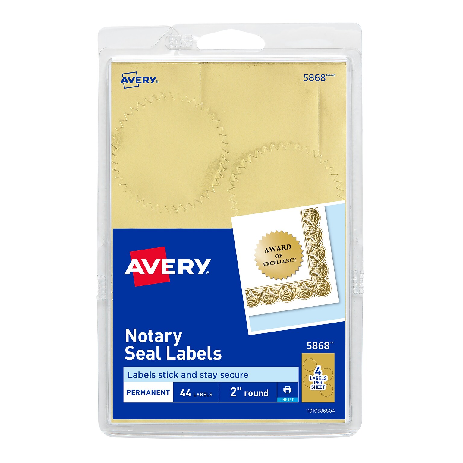 Avery Printable Inkjet Notary Seal Labels, 2 Diameter, Gold Foil, 4 Seals/Sheet, 11 Sheets/Pack, 44 Seals/Pack (5868)