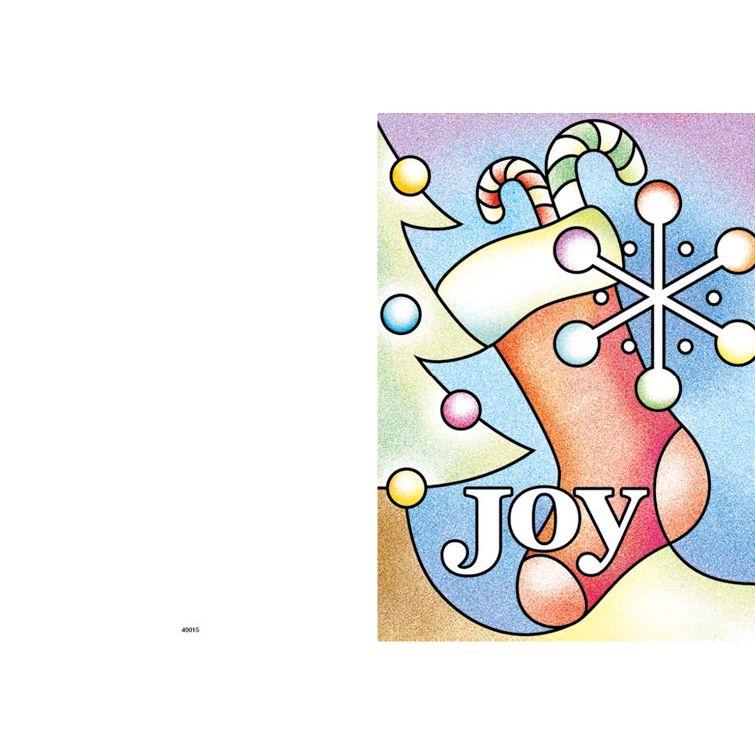 Joy with stocking , candy cane and snowflake - 7 x 10 scored for folding to 7 x 5, 25 cards w/A7 envelopes per set