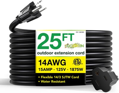 GoGreen Power 25 Indoor/Outdoor Extension Cord, 14 AWG, Black (GG-13825BK)