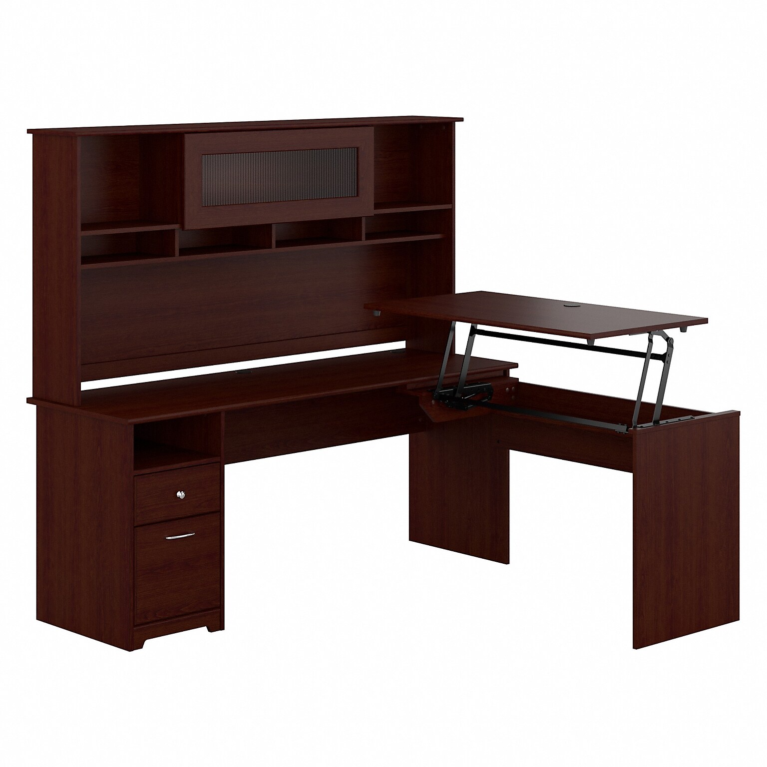 Bush Furniture Cabot 72W 3 Position L Shaped Sit to Stand Desk with Hutch, Harvest Cherry (CAB052HVC)