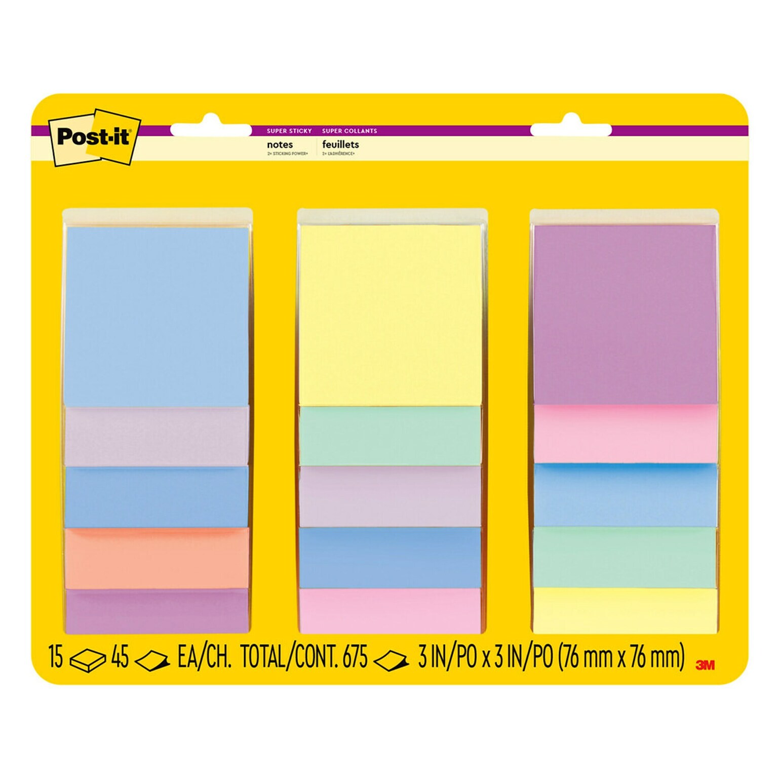 Post-it Super Sticky Notes, 3 x 3, Assorted Colors, 45 Sheets/Pad, 15 Pads/Pack (65415SSPS2)