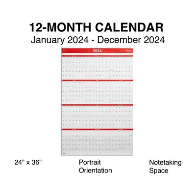 2025 Staples 24 x 36 Wall Calendar, Red/Black/White (ST53999-25)