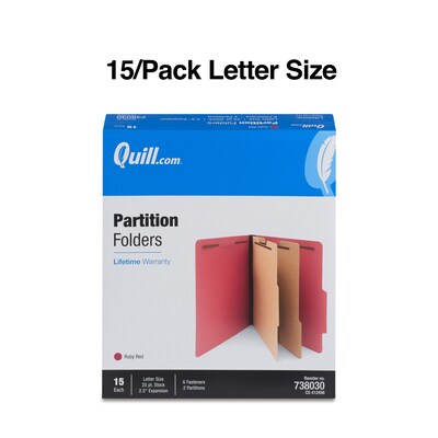Quill Brand® 2/5-Cut Tab Pressboard Classification File Folders, 2-Partitions, 6-Fasteners, Letter, Red, 15/Box (73803)