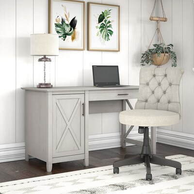 Bush Furniture Key West 54 Computer Desk with Storage and Mid-Back Tufted Office Chair, Linen White