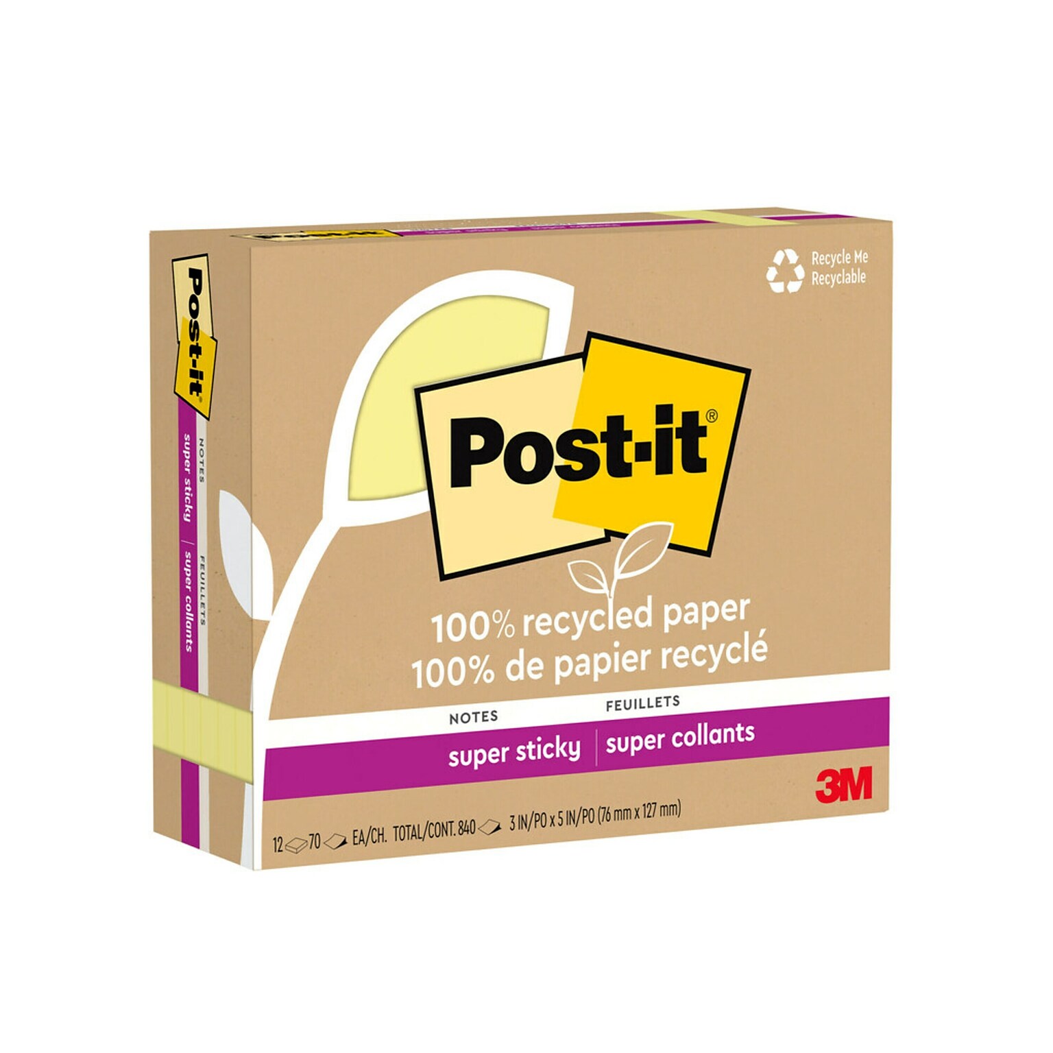Post-it Recycled Super Sticky Notes, 3 x 5, Canary Collection, 70 Sheet/Pad, 12 Pads/Pack (655R-12SSCY)