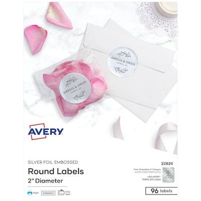 Avery Easy Peel Inkjet Embossed Foil Round Labels, 2 Diameter, Silver, 12 Labels/Sheet, 8 Sheets/Pa