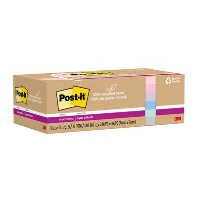 Post-it Recycled Super Sticky Notes, 3 x 3, Wanderlust Pastels Collection, 70 Sheet/Pad, 12 Pads/P