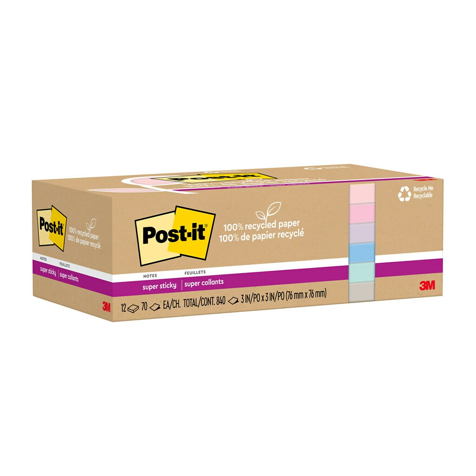 Post-it Recycled Super Sticky Notes, 3 x 3, Wanderlust Pastels Collection, 70 Sheet/Pad, 12 Pads/Pack (654R-12SSNRP)