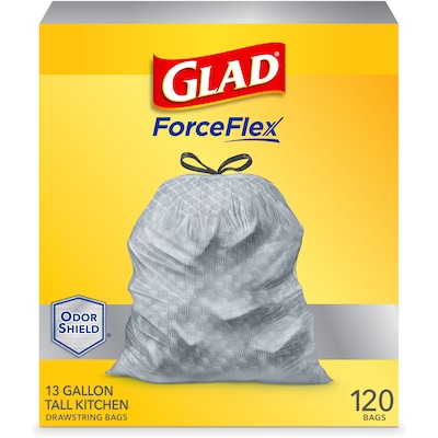 Glad ForceFlex OdorShield 13 Gallon Kitchen Trash Bag, 23.75 x 25.4, Low Density, 0.72 mil, Gray,