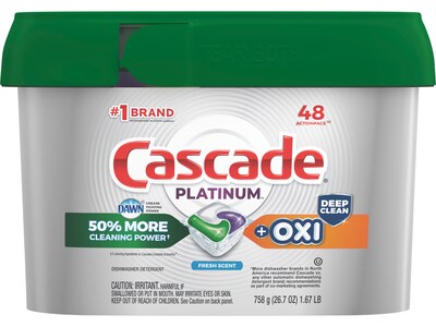 Cascade Platinum ActionPacs + Oxi Dishwashing Detergent Pods, Fresh Scent, 48 Pods/Box (3700027425)