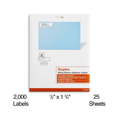 Staples® Laser/Inkjet Address Labels, 1/2 x 1 3/4, White, 80 Labels/Sheet,  25 Sheets/Pack, 2000 L