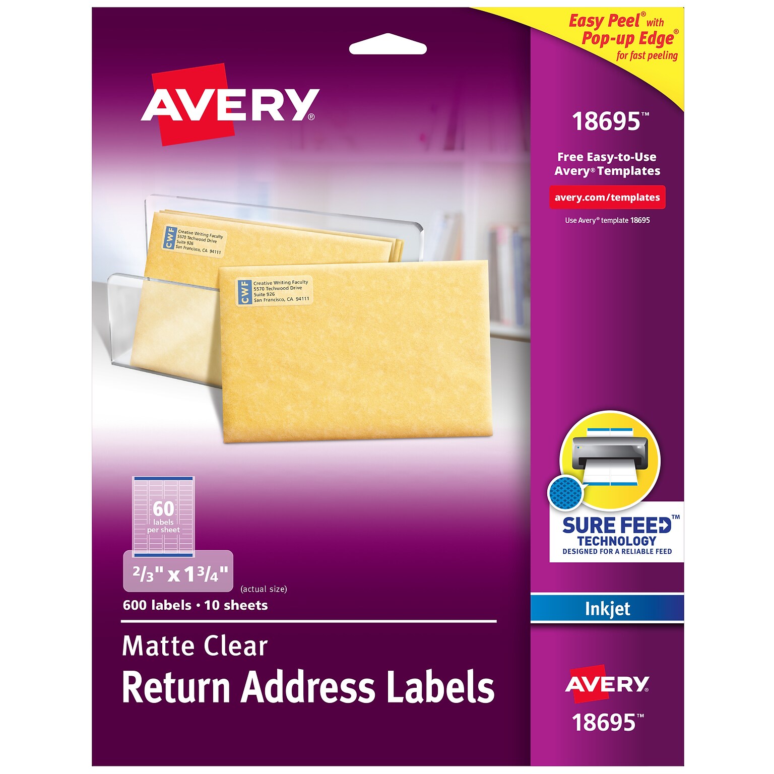 Avery Easy Peel Inkjet Return Address Labels, 2/3 x 1-3/4, Clear, 60 Labels/Sheet, 10 Sheets/Pack (18695)