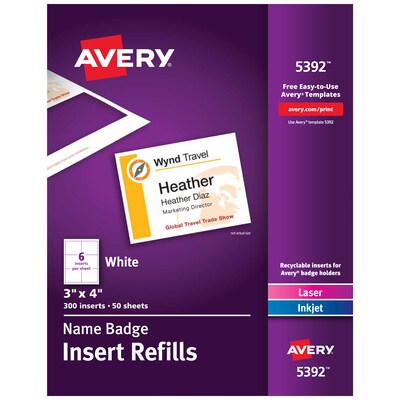 Avery Printable Laser/Inkjet Name Badge Insert Refills, 3 x 4, White, 300 Inserts Per Box (5392)
