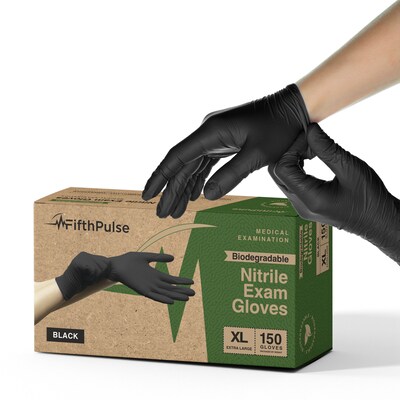 FifthPulse Biodegradable Powder Free Nitrile Exam Gloves, Latex Free, XL, Black, 150 Gloves/Box (FMN