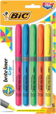 BIC Brite Liner Stick Highlighter with Grip, Chisel Tip, Assorted, 5/Pack (31257)