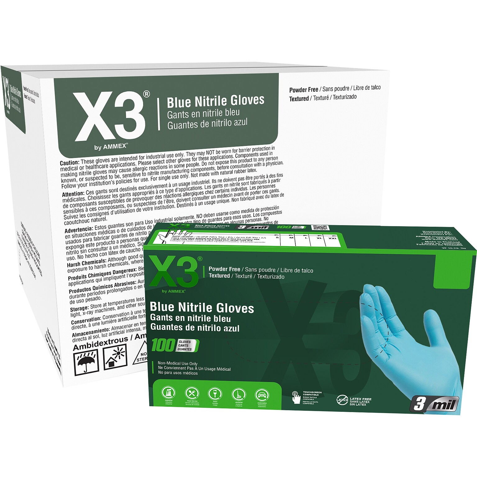 Ammex X3 Nitrile Gloves, Medium, Blue, 100/Box, 10 Boxes/Carton (X344100XX)