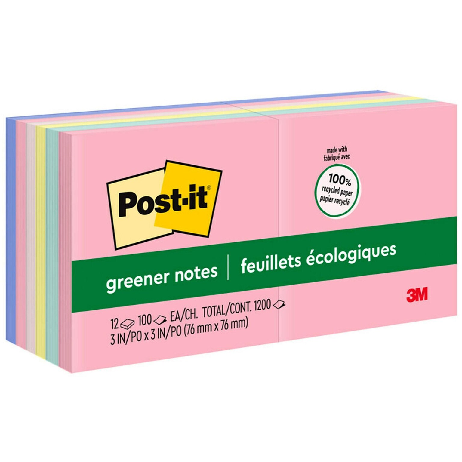 Post-it Recycled Notes, 3 x 3, Sweet Sprinkles Collection, 100 Sheet/Pad, 12 Pads/Pack (654-RP-A/654-A)