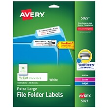 Avery Extra Large Laser/Inkjet File Folder Labels, 15/16 x 3 7/16, White, 450 Labels Per Pack (502