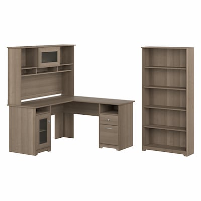 Bush Furniture Cabot 60W L-Shaped Desk with Hutch and 5-Shelf Bookcase, Ash Gray (CAB011AG)