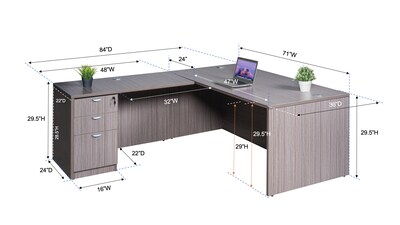 Boss Office Products 71 Desk, Executive L-Shape Corner Desk with File Storage Pedestal, Driftwood (