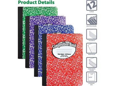 Better Office 1-Subject Composition Notebooks, 7.5" x 9.75", Wide Ruled, 100 Sheets, Assorted Colors, 12/Pack (25212-12PK)