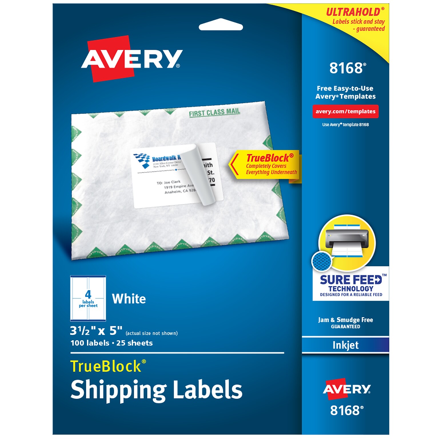 Avery TrueBlock Inkjet Shipping Labels, 3-1/2 x 5, White, 4 Labels/Sheet, 25 Sheets/Pack (8168)