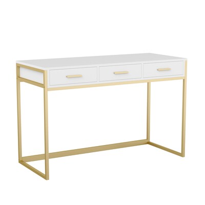 Martha Stewart Ollie 47"W Engineered Wood Rectangular Home Office Desk with 3 Drawers, White/Polished Brass (ZGZP028WHGLD)