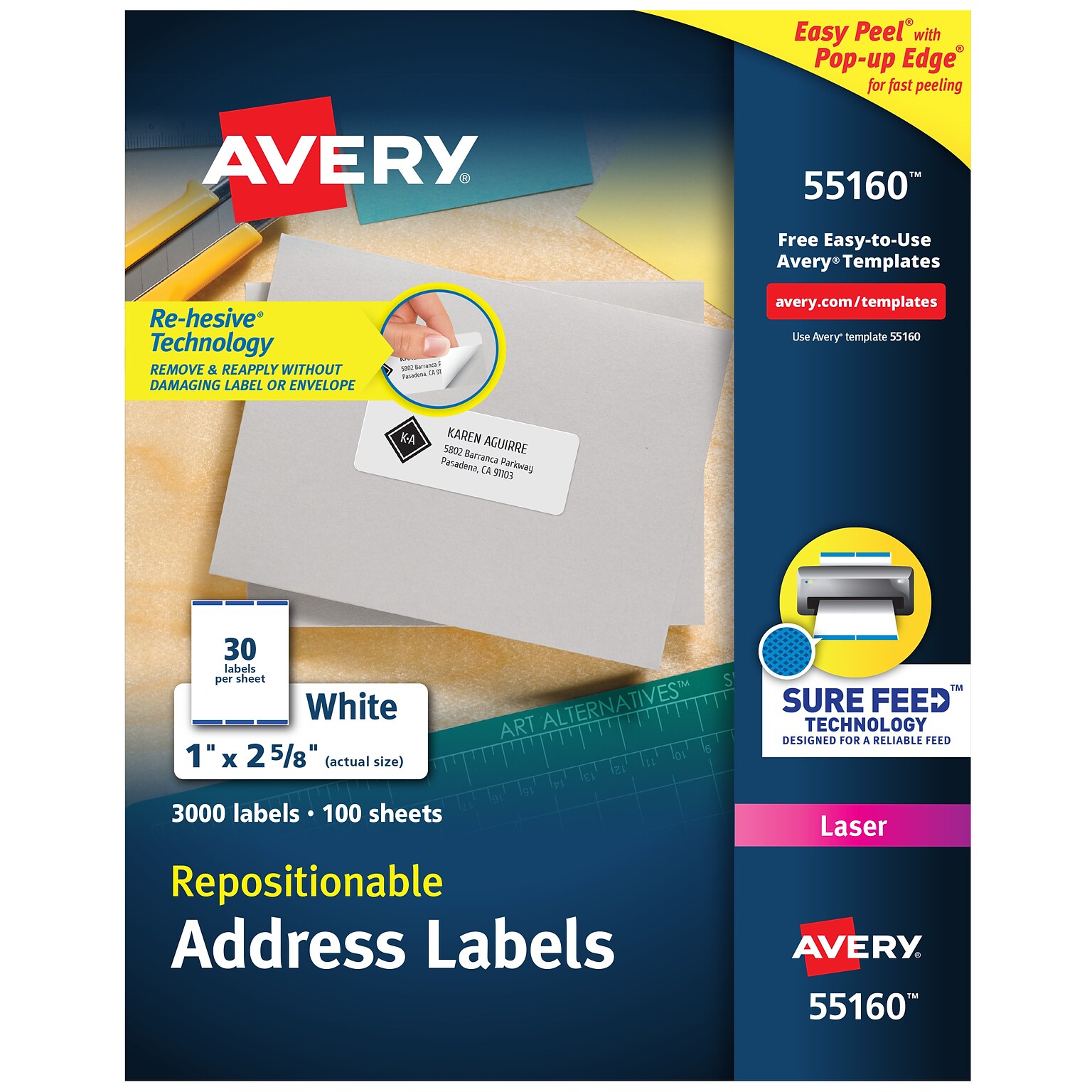 Avery Repositionable Laser Address Labels, 1 x 2-5/8, White, 30 Labels/Sheet, 100 Sheets/Box (55160)