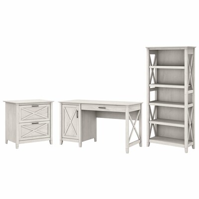 Bush Furniture Key West 54W Computer Desk with Lateral File Cabinet and Bookcase, Linen White Oak (