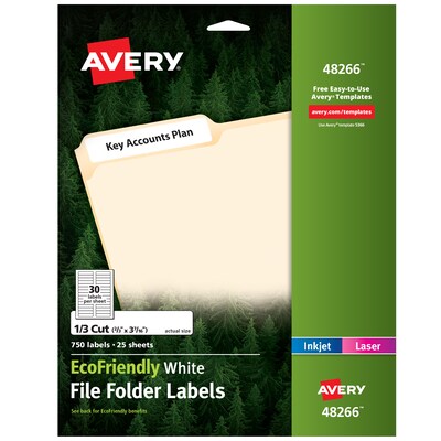 Avery EcoFriendly Laser/Inkjet File Folder Labels, 2/3 x 3 7/16, White, 30 Labels/Sheet, 25 Sheets
