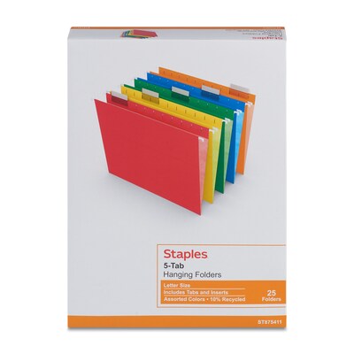 Staples® Heavy Duty Bright Colored Hanging File Folders, 1/5-Cut Tab, Letter Size, Assorted Colors, 25/Box (ST875411-CC)