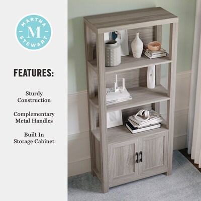 Martha Stewart Hutton 68" 4-Shelf Shaker Style Bookcase w/ Cabinet, Gray Washed Wood/Oil Rubbed Bronze Hardware (ZG053GYBK)