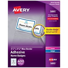 Avery Flexible Laser/Inkjet Name Badge Labels, 2 1/3 x 3 3/8, White with Blue Border, 400 Labels P
