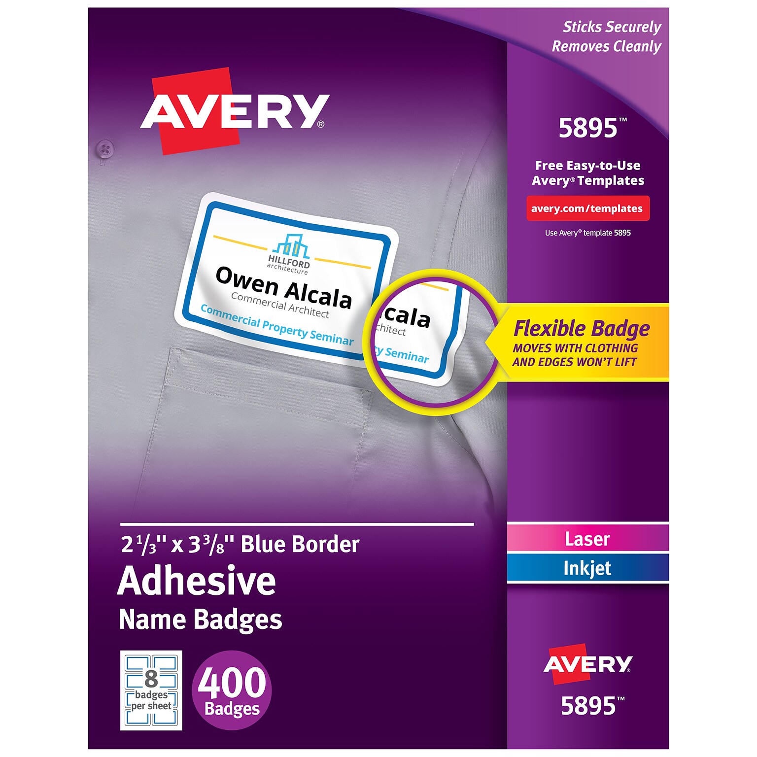 Avery Flexible Laser/Inkjet Name Badge Labels, 2 1/3 x 3 3/8, White with Blue Border, 400 Labels Per Pack (5895)