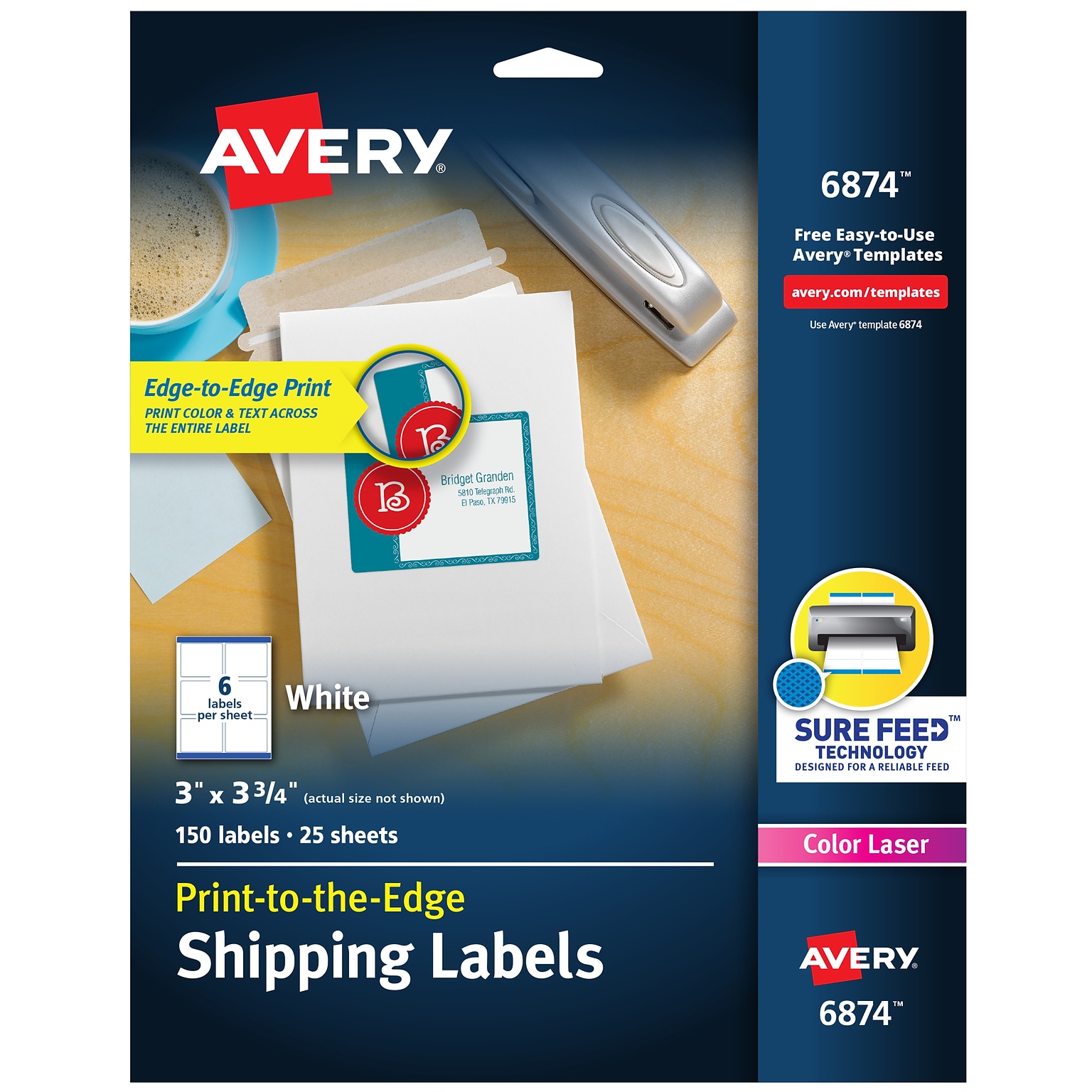 Avery Print-to-the-Edge Color Laser Shipping Labels, 3 x 3-3/4, White, 6 Labels/Sheet, 25 Sheets/Pack  (6874)