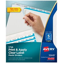 Avery Index Maker Plastic Dividers with Print & Apply Label Sheets, 5 Tabs, Multicolor, 5 Sets/Pack