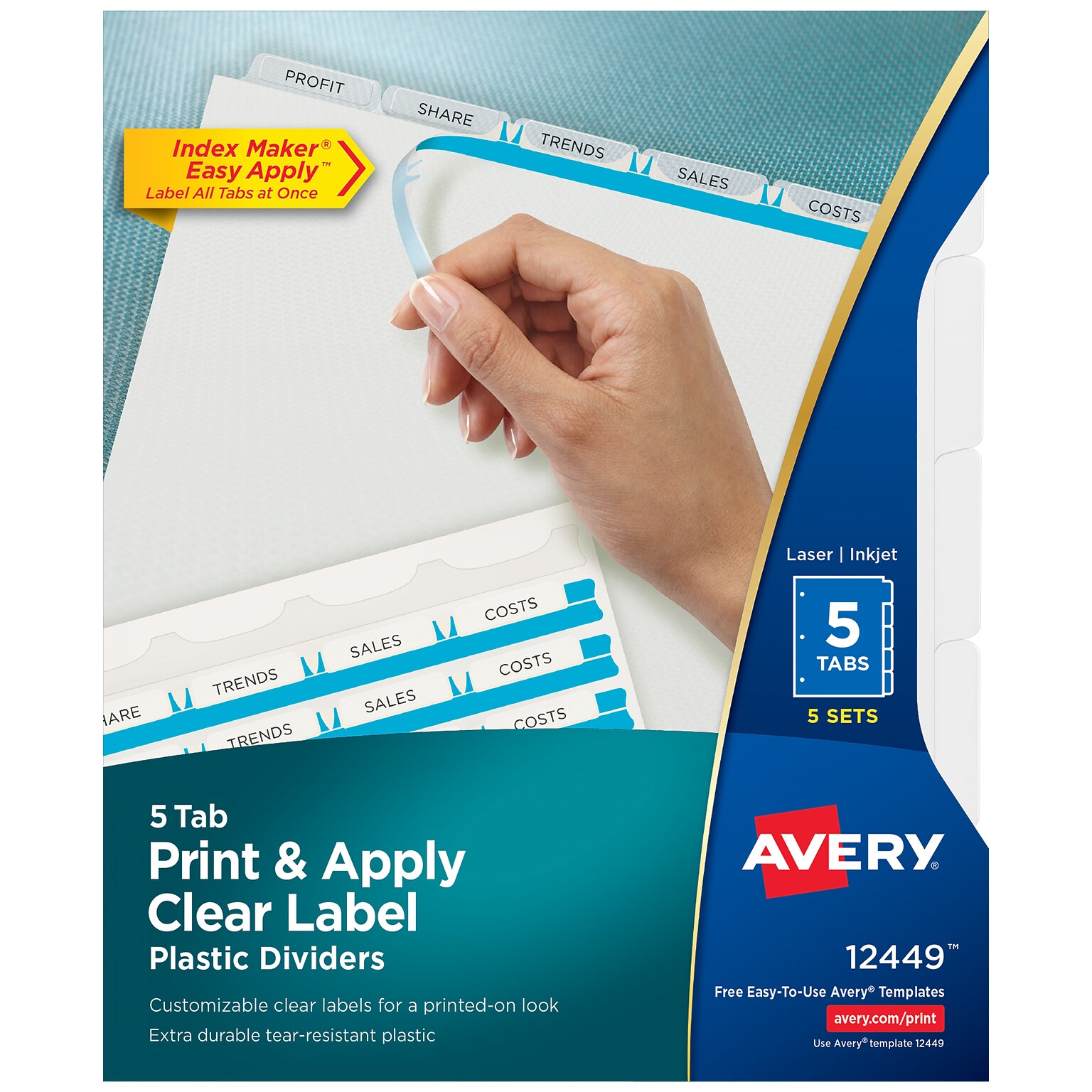 Avery Index Maker Plastic Dividers with Print & Apply Label Sheets, 5 Tabs, Multicolor, 5 Sets/Pack (12449)