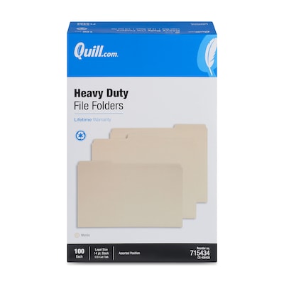 Quill Brand® Heavy-Duty 2-Ply File Folders, 1/3-Cut, Legal, Manila, 100/Box (715434)