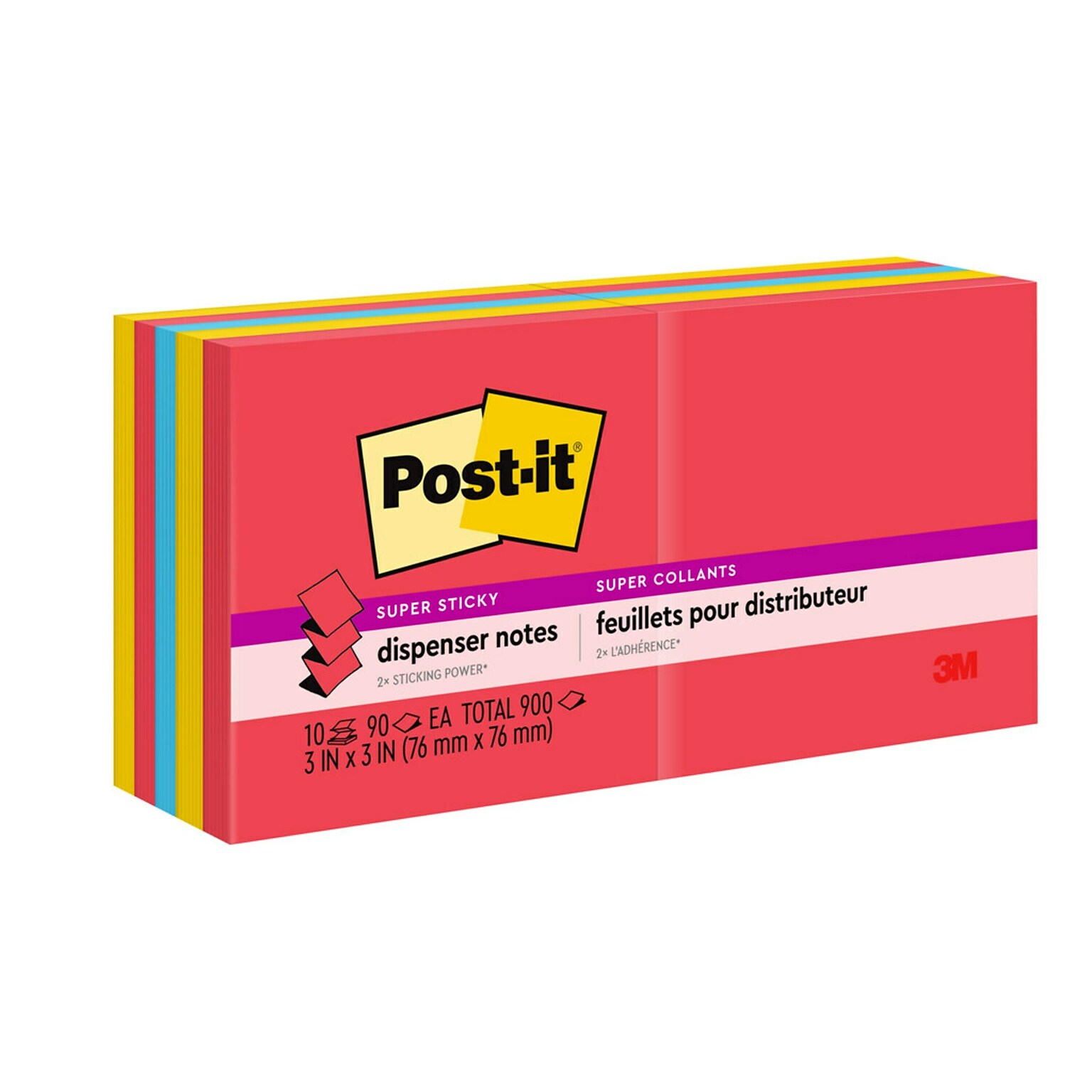 Post-it Super Sticky Pop-up Notes, 3 x 3, Playful Primaries Collection, 90 Sheet/Pad, 10 Pads/Pack (R33010SSAN)