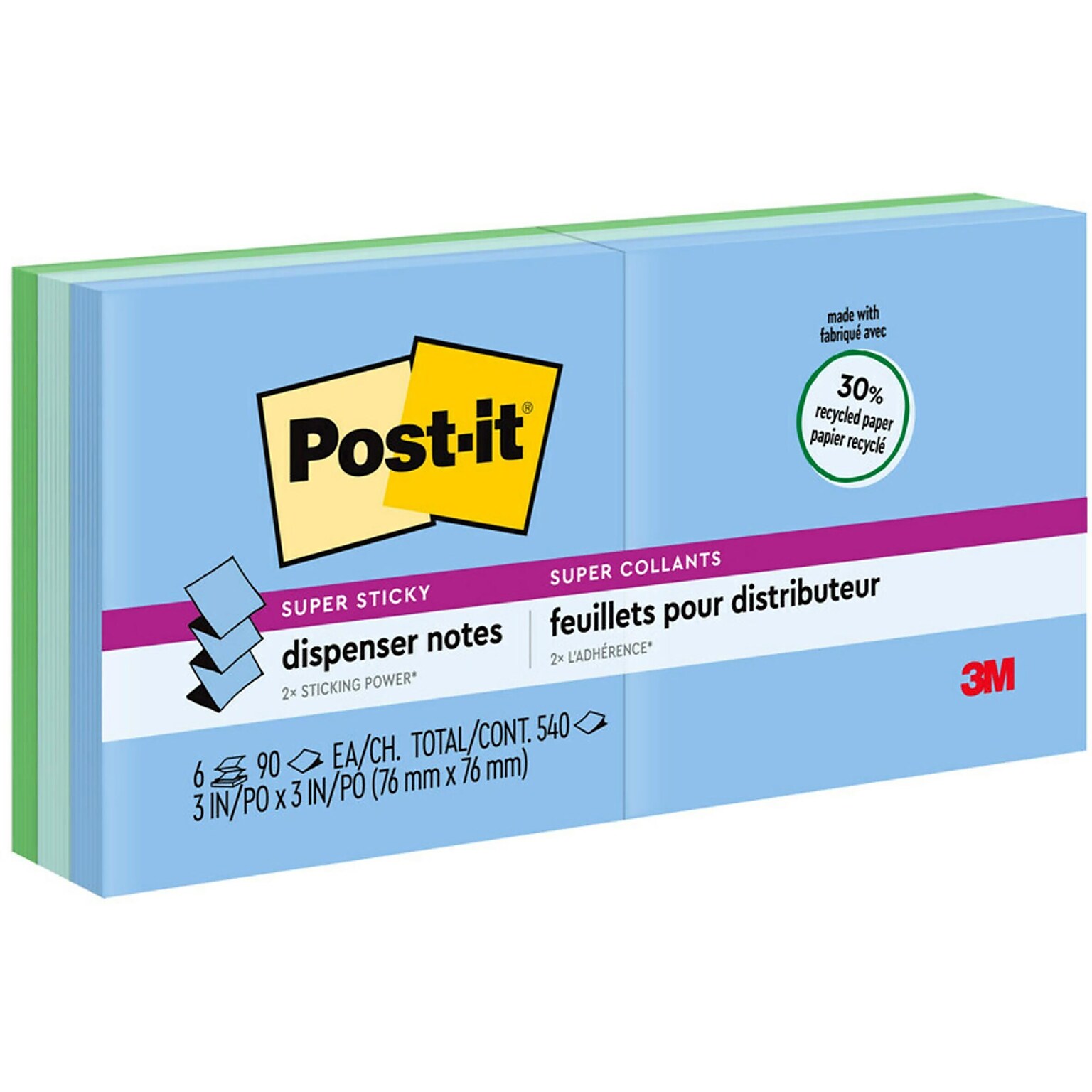 Post-it Recycled Super Sticky Pop-up Notes, 3 x 3, Oasis Collection, 90 Sheet/Pad, 6 Pads/Pack (R330-6SST)