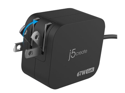 j5create GaN 67W USB Type-C Mini Charger with 4.5mm DC Converter, Black (JUP1565)