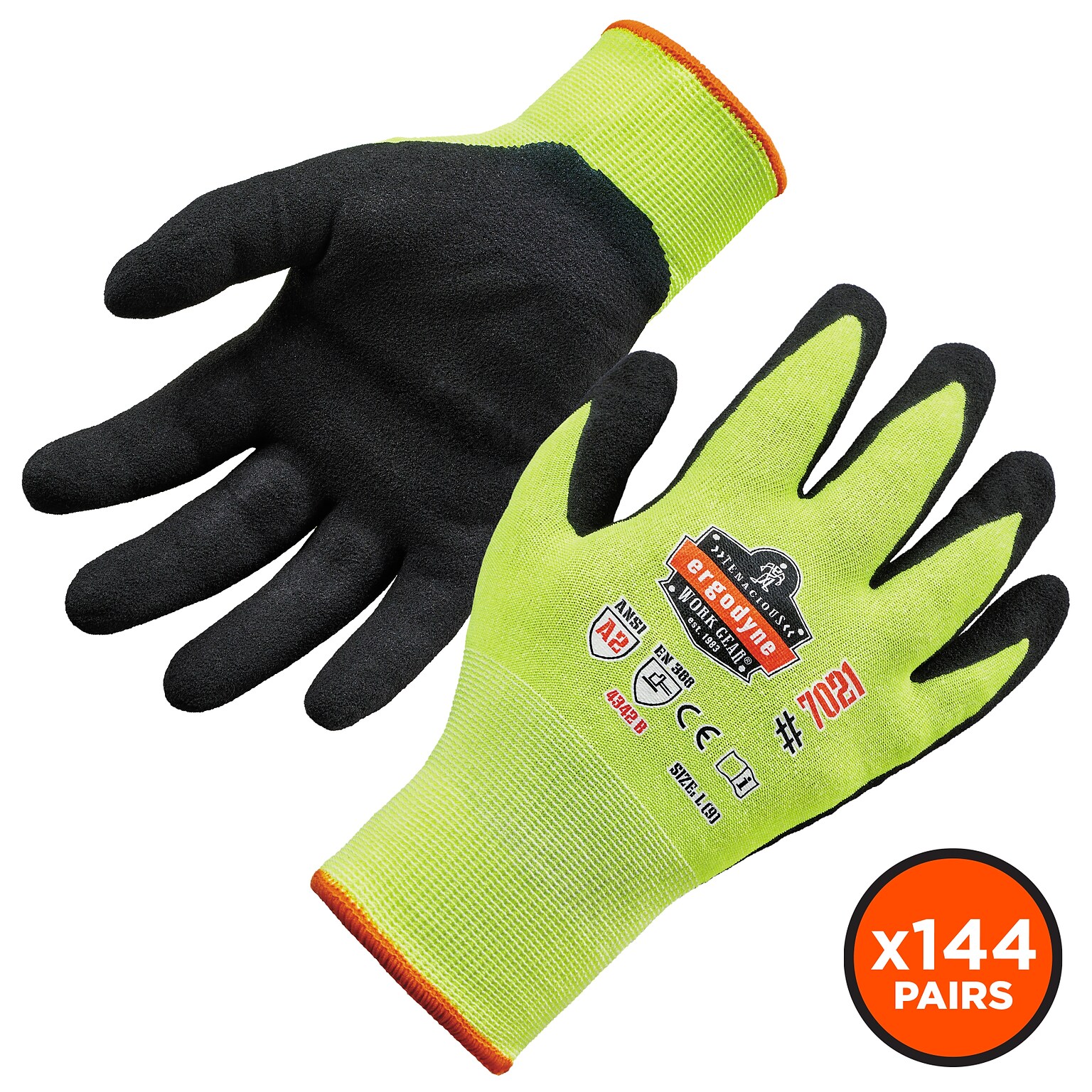 Ergodyne ProFlex 7021 Hi-Vis Nitrile Coated Cut-Resistant Gloves, ANSI A2, Wet Grip, Lime, XL, 144 Pairs (17965)