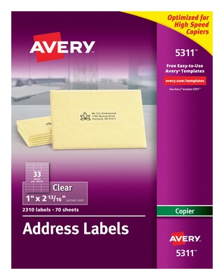 Avery Address Labels for Copiers, 1 x 2-13/16, Clear, 33 Labels/Sheet, 70 Sheets/Box (5311)