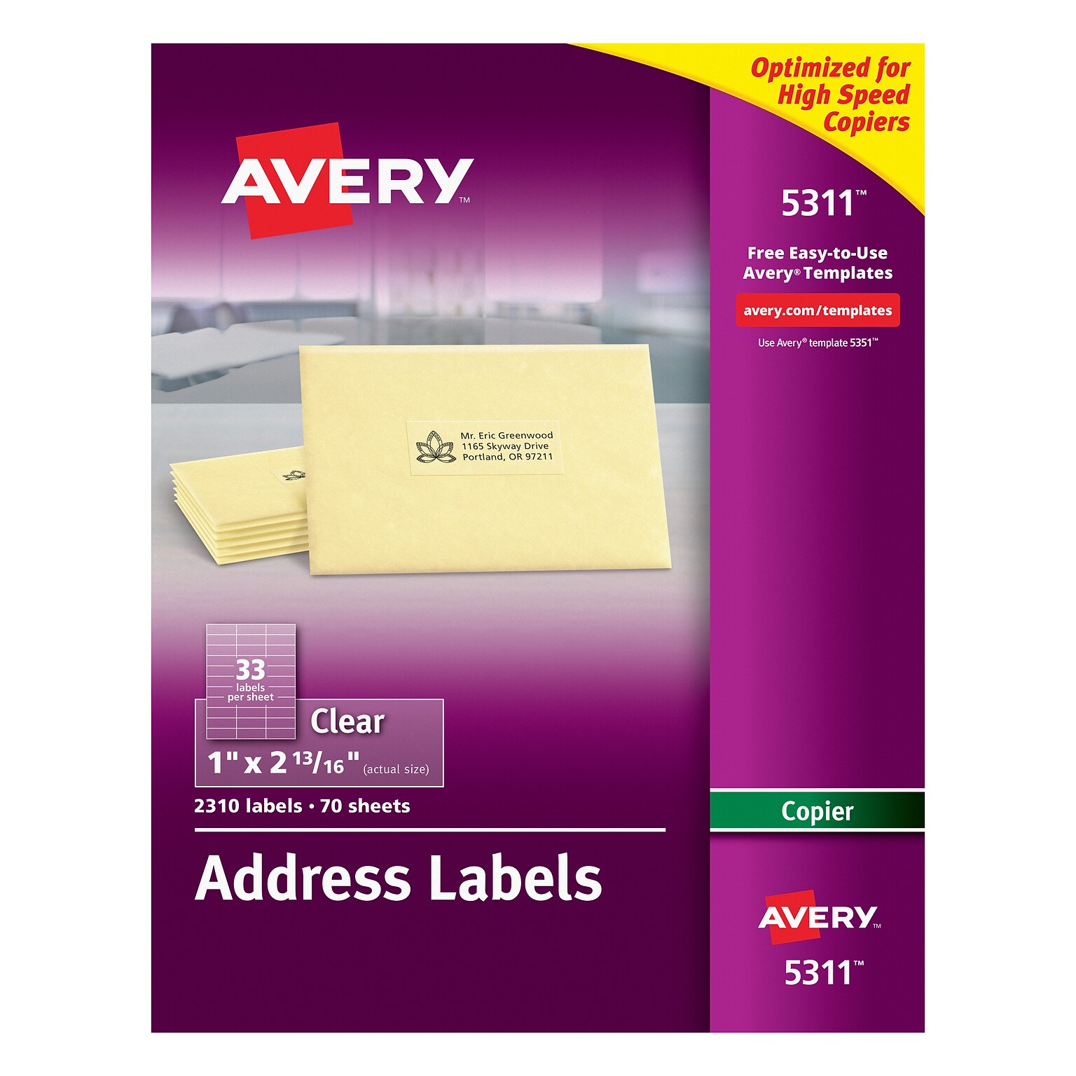 Avery Address Labels for Copiers, 1 x 2-13/16, Clear, 33 Labels/Sheet, 70 Sheets/Box (5311)