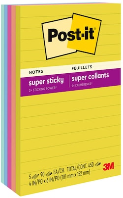 Post-it Super Sticky Notes, 4 x 6, Summer Joy Collection, Lined, 90 Sheet/Pad, 5 Pads/Pack (660-5S