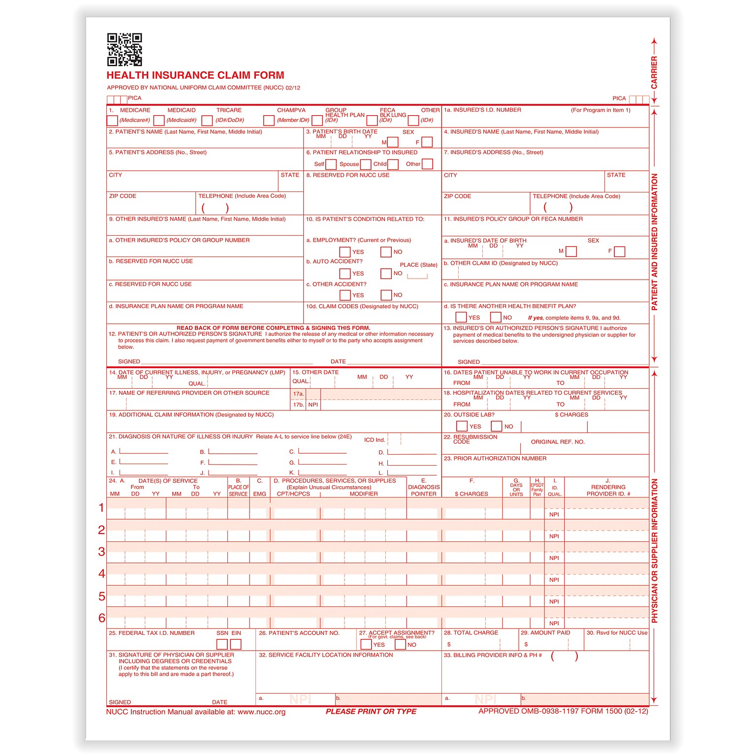 ComplyRight CMS-1500 Health Insurance Claim Forms (02/12), 8-1/2 x 11, Box of 1,000 (CMS12LC1)