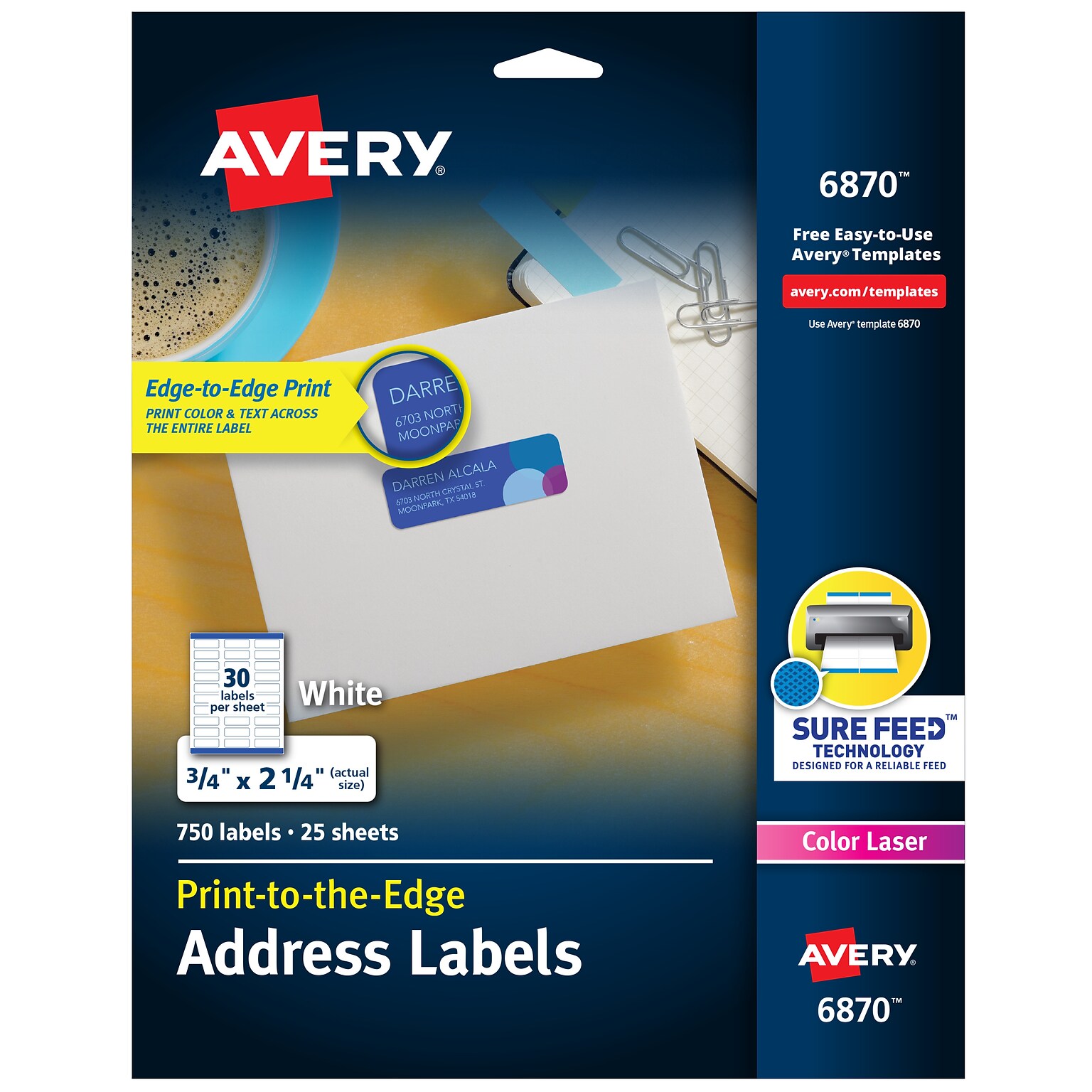 Avery Print-to-the-Edge Laser Address Labels, 3/4 x 2-1/4, White, 30 Labels/Sheet, 25 Sheets/Pack (6870)