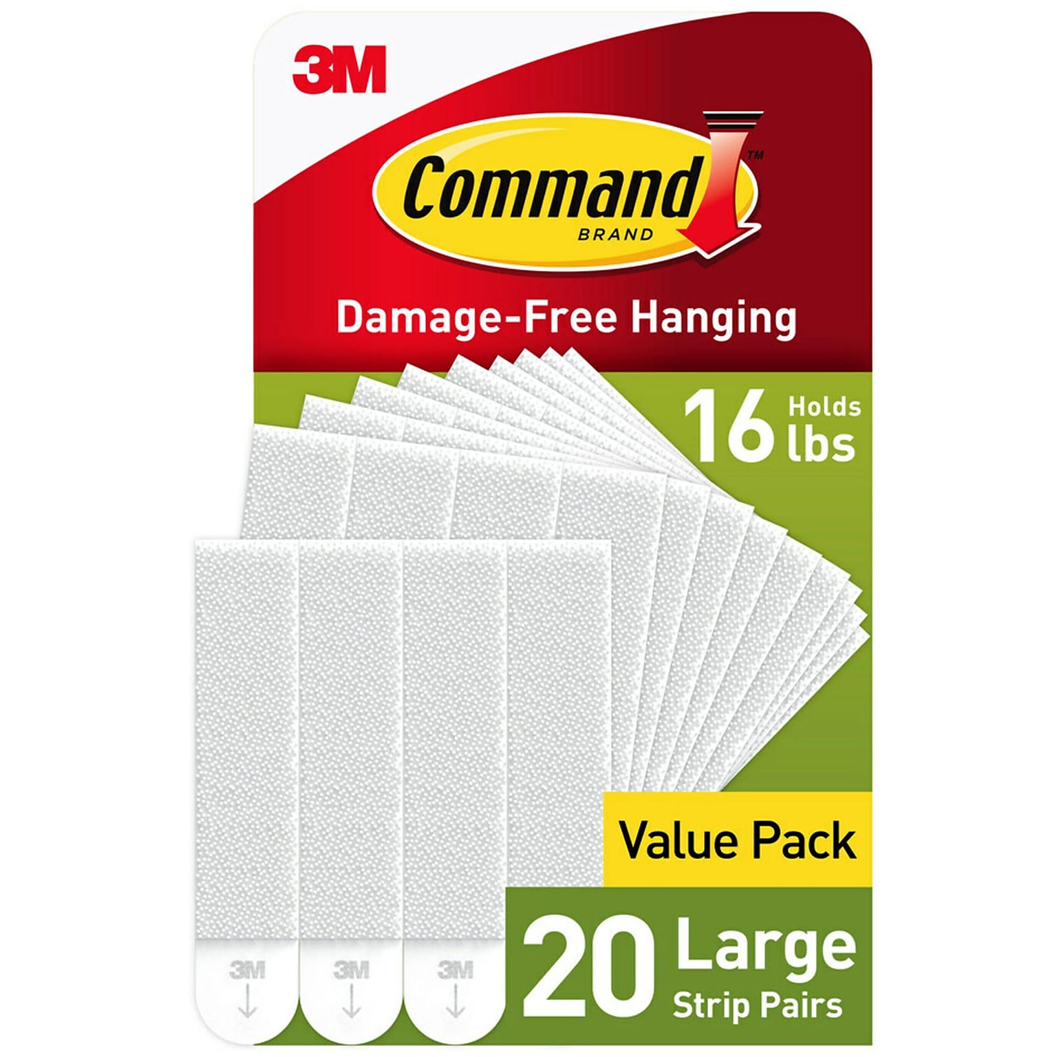 Command Damage Free Large Hanging Strip, 16 lb, White, 20/Pack (1720620NA)