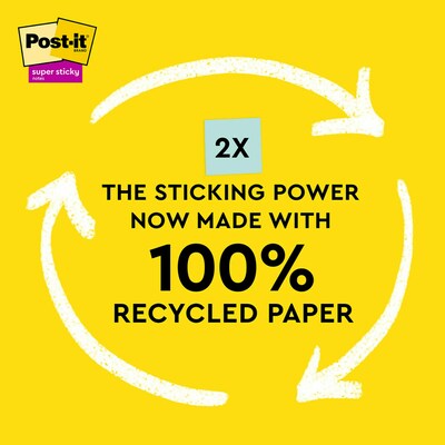 Post-it Recycled Super Sticky Notes, 3 x 3, Wanderlust Pastels Collection, 70 Sheet/Pad, 12 Pads/P