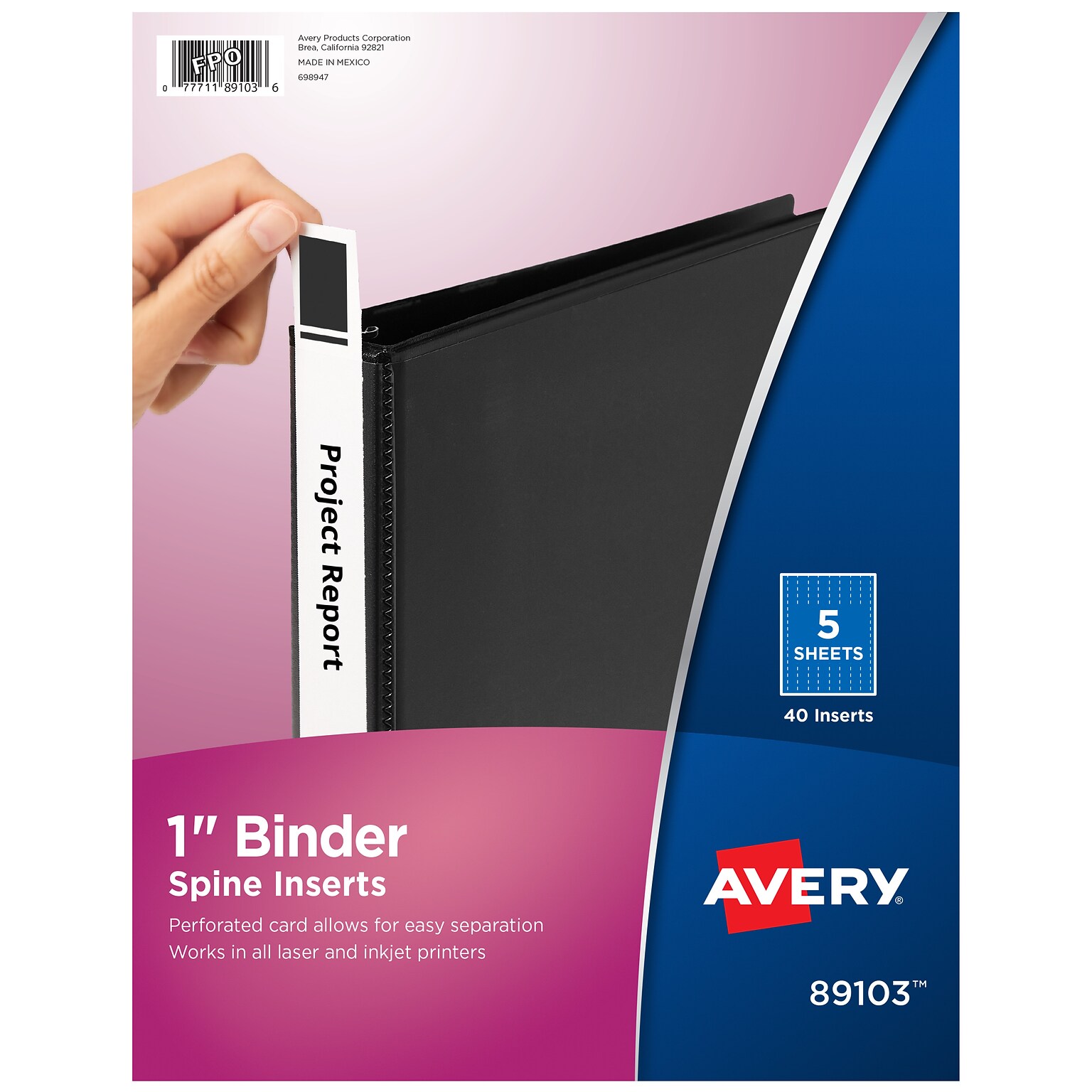 Avery Binder Spine Inserts, For 1 Inch Ring Binders, 40 Cardstock View Binder Spine ID Inserts (89103)